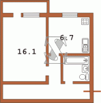 Планировка однокомнатной квартиры (из перепланированной двухкомнатной при закрытой маленькой комнате) 438-ая (Переходная)  Планировки серийные - "Хрущевки","Сталинки"  (10)
