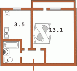 Планировка однокомнатной квартиры тип 1 Пятиэтажная гостинка (прототип основной массы гостинок)  Планировки серийные - "Гостинки"  (12)