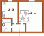 Планировка однокомнатной квартиры тип 2 (первый этаж) Пятиэтажная гостинка (прототип основной массы гостинок)  Планировки серийные - "Гостинки"  (12)