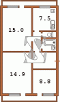 Планировка трехкомнатной квартиры чешка с эркером 11У  Планировки серийные - "464, чешки"  (10)