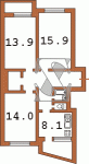 Планировка трехкомнатной квартиры Одноподъездный дом Серия БПС-6