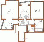 Планировка трехкомнатной квартиры на нижних этажах Общий вид (с высоты 13 этажа) Тип 15