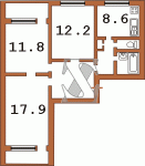 Планировка трехкомнатной квартиры Серия КТ, КТ-12, КТ-16;  Планировки серийные - "полнометражные" панельные  (20)