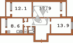 Планировка трехкомнатной квартиры тип 1 Серия Т-4, Т-6  Планировки серийные - "полнометражные" панельные  (20)