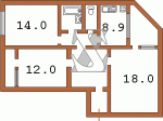 Планировка трехкомнатной квартиры тип 2 Вид дома 3 Серия АППС, АППС-134, АППС-люкс