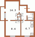 Двухкомнатная торцевая Переходная серия в 9 этажей  Планировки серийные - "Хрущевки","Сталинки"  (10)
